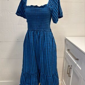 Draper James Blue Gingham Smocked Midi Dress | Puff Sleeve | M